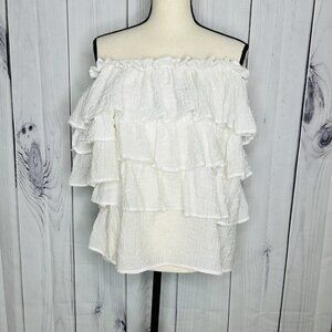 Umgee Size Large White Off The Shoulder Bell Sleeve Gauzy Tiered Top
